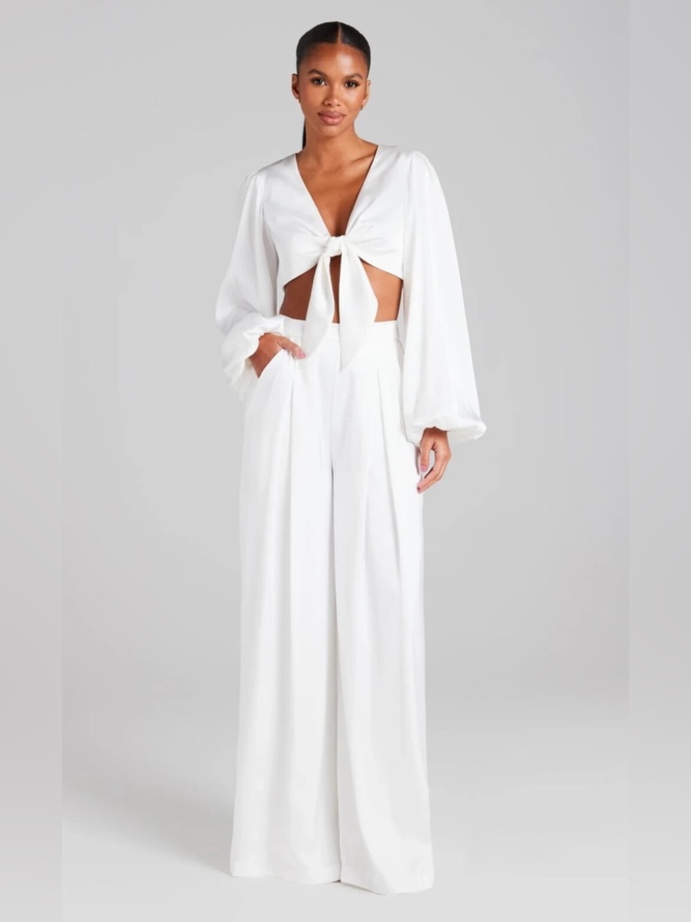 NADINE MERABI White Daniella Suit Satin Top & Trousers Sz 4  NWT